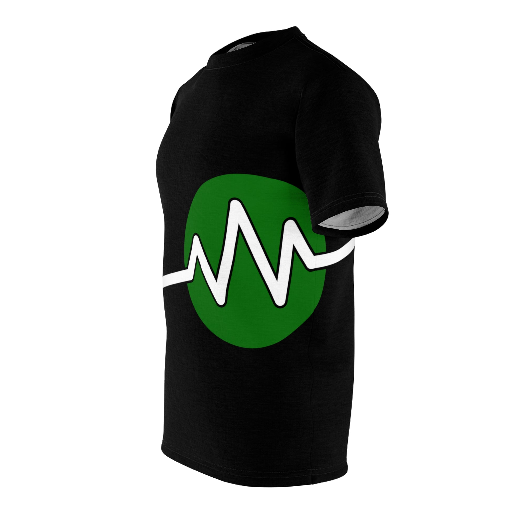 Side profile of the black BridgeCom Unisex Tee - Alternate Logo featuring a large green circle with a white heartbeat line design across the front. This t-shirt has short sleeves and appears to be made of a soft, comfortable material, perfect for BridgeCom Systems or amateur radio operators.