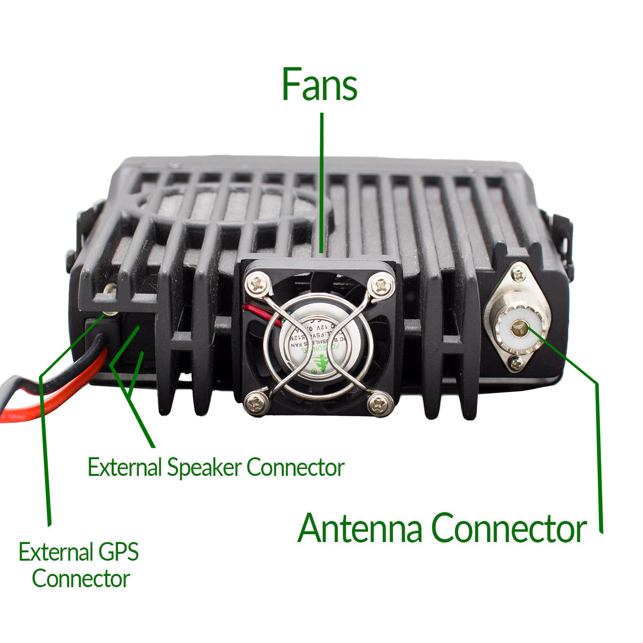 A black AT-D578UVIII Plus Commercial Mobile Radio (GPS+BT) with labeled components, including fans, an external speaker connector, an external GPS connector, and an antenna connector is shown. The device's ridged exterior aids in heat dissipation. It features DMR Repeater Roaming capabilities and is viewed from the back.