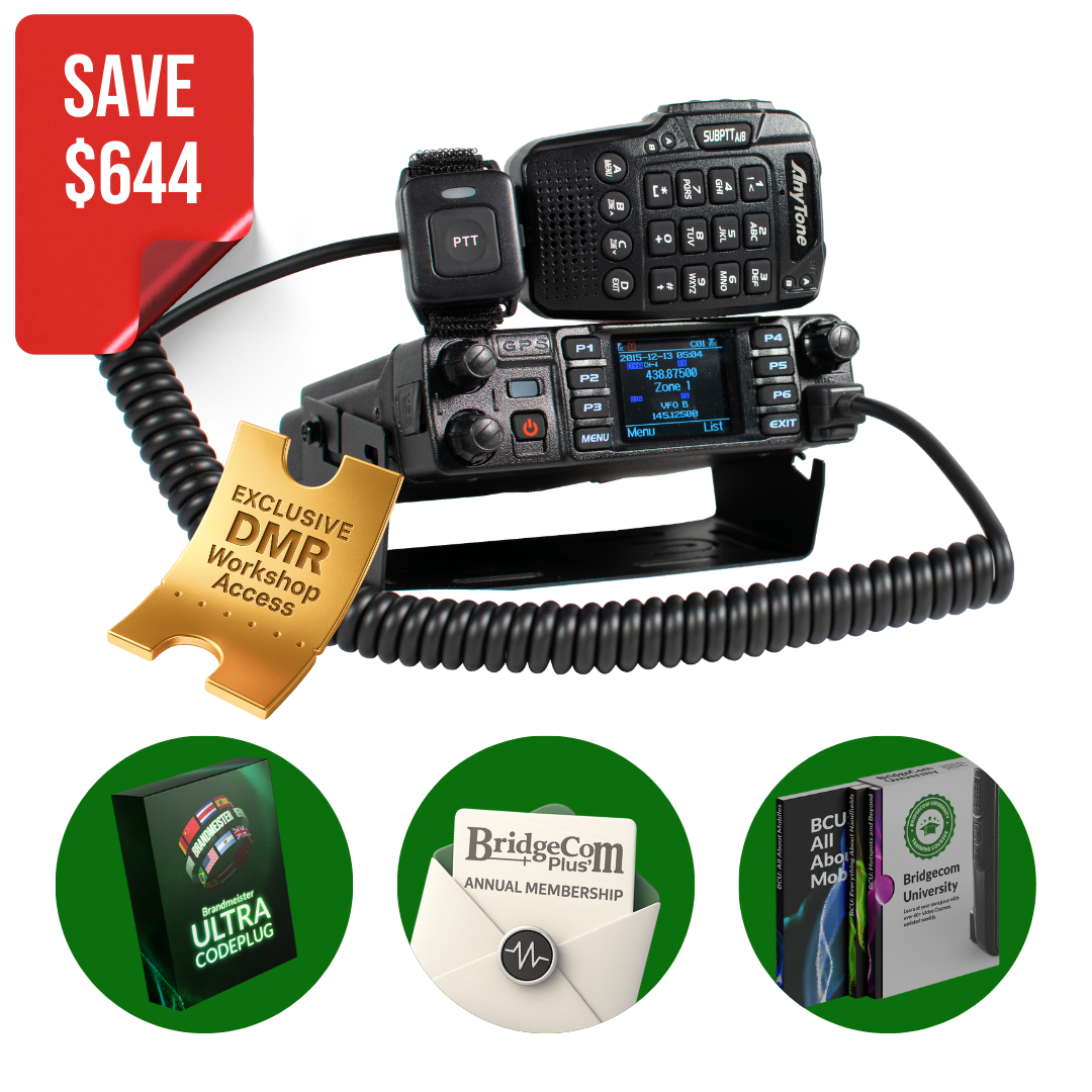 The AT-D578UVIII Plus Two way radio with promotional text and additional items on a white background