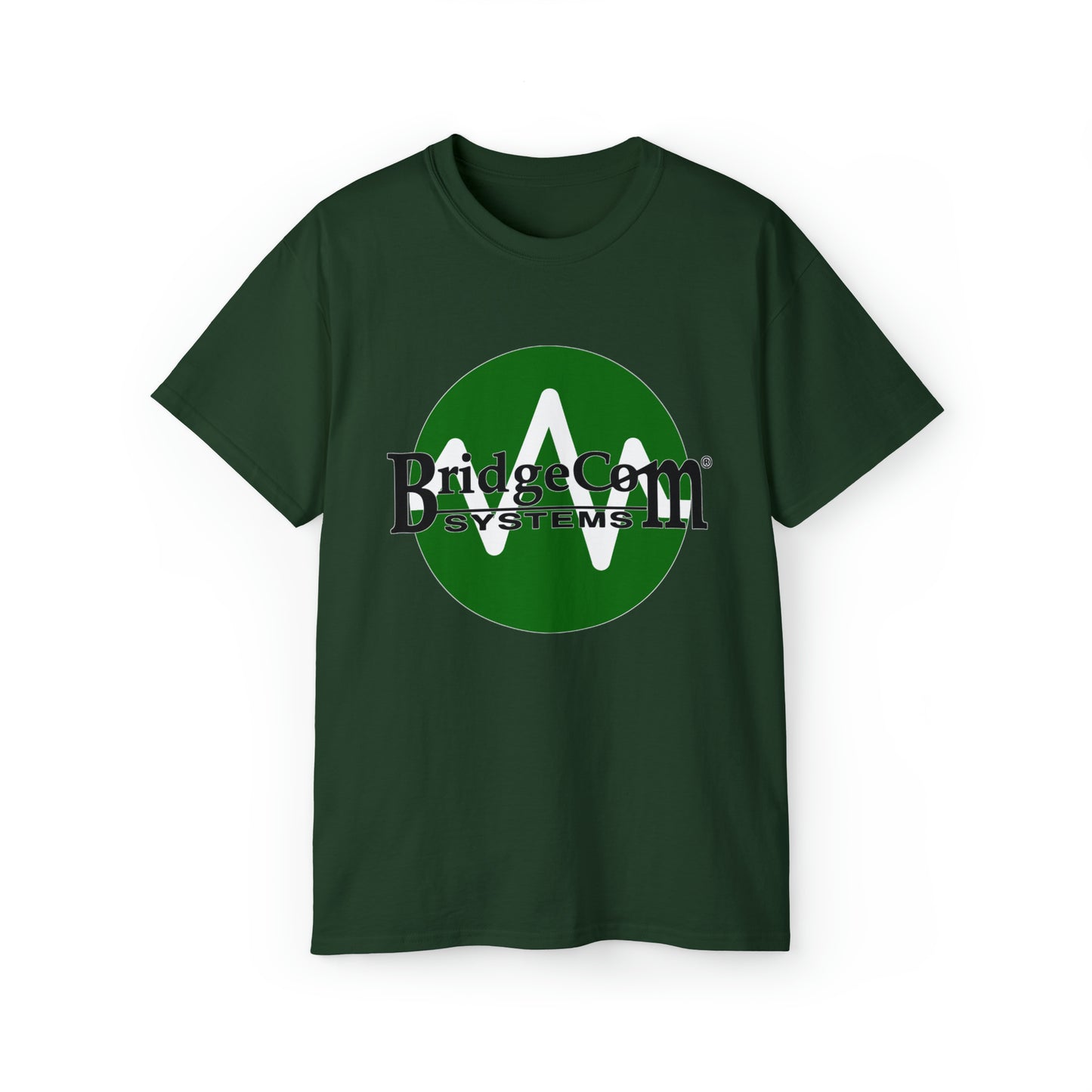 The Unisex Ultra Cotton Tee in dark green showcases the logo for BridgeCom Systems. The logo includes a prominent green circle with a white, stylized 'W' at its center. "BridgeCom SYSTEMS" is printed in black, with "Bridge" bolded and the 'S' in "Systems" capitalized, making it an ideal choice for amateur radio enthusiasts.