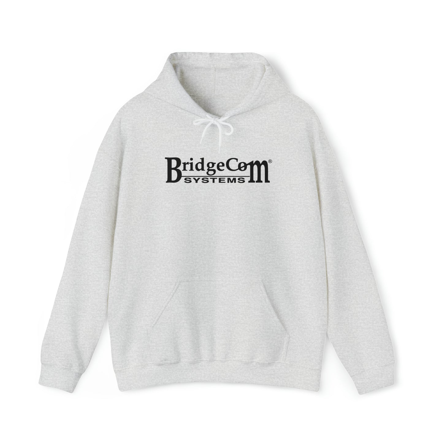 A light gray Unisex Heavy Blend™ Hooded Sweatshirt from BridgeCom Systems, featuring "BridgeCom Systems" printed in black on the front. Made from a 50/50 cotton-polyester blend, it includes a front pocket and adjustable drawstrings on the hood, making it perfect for amateur radio enthusiasts.