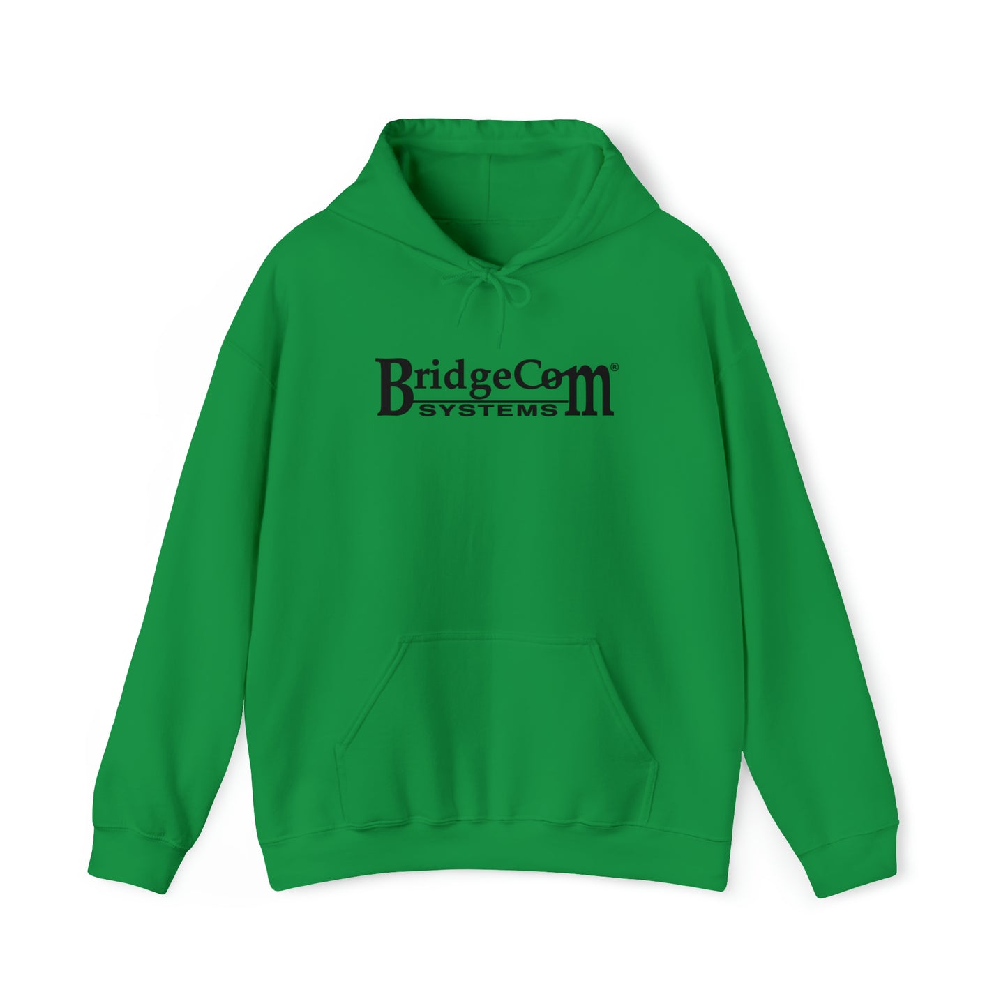 A green Unisex Heavy Blend™ Hooded Sweatshirt from BridgeCom Systems, featuring a front pocket and drawstring at the hood. Made from a cozy 50/50 cotton-polyester blend, it has "BridgeCom Systems" printed in black across the chest, making it ideal for amateur radio enthusiasts.
