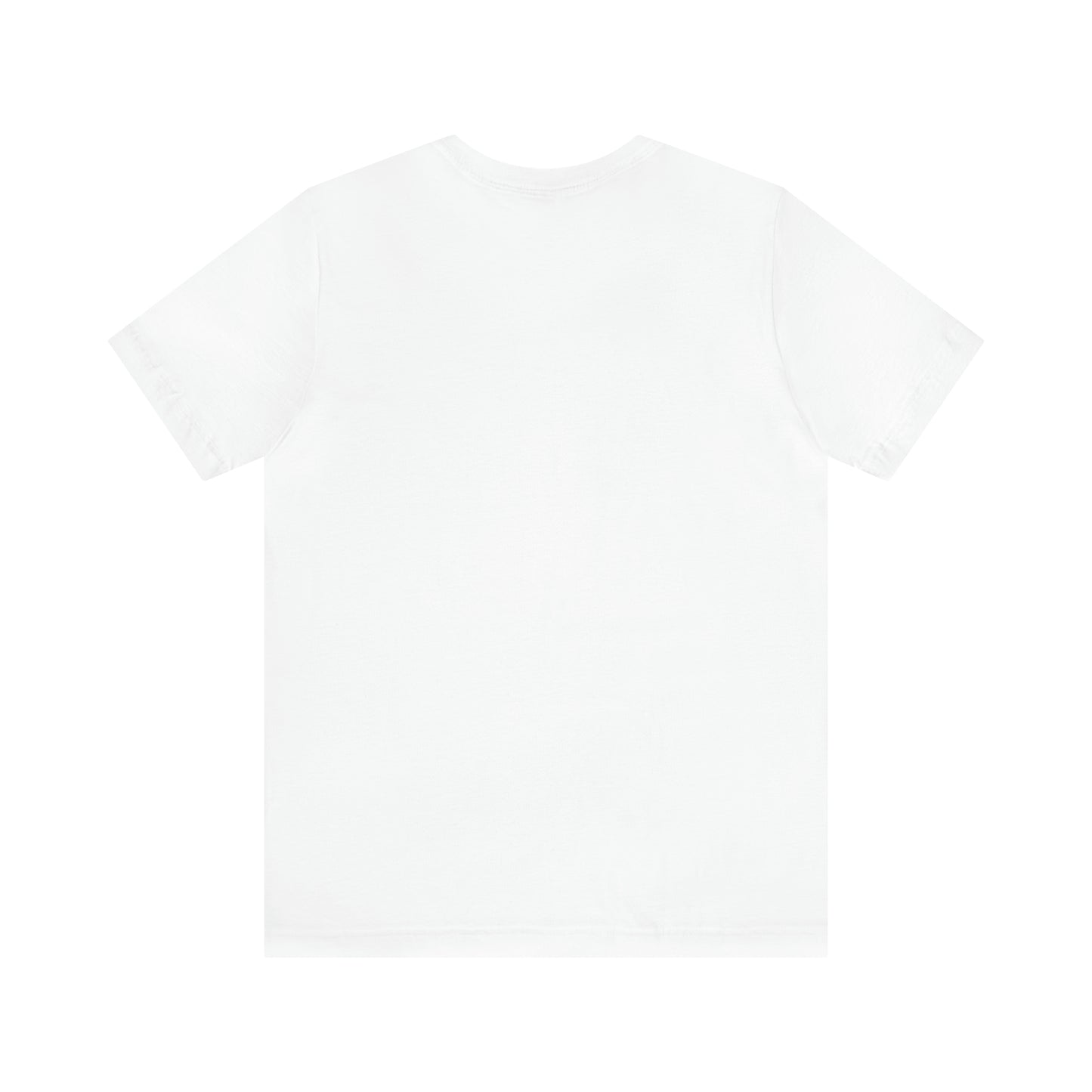 The Unisex Short Sleeve BridgeCom Tee - Alternate Logo, crafted from soft Airlume cotton, is shown laid flat with the back side facing up. The plain, white t-shirt features a simple and minimalist design without any visible logos, patterns, or graphics. The background is also white, blending slightly with the edges of the shirt.