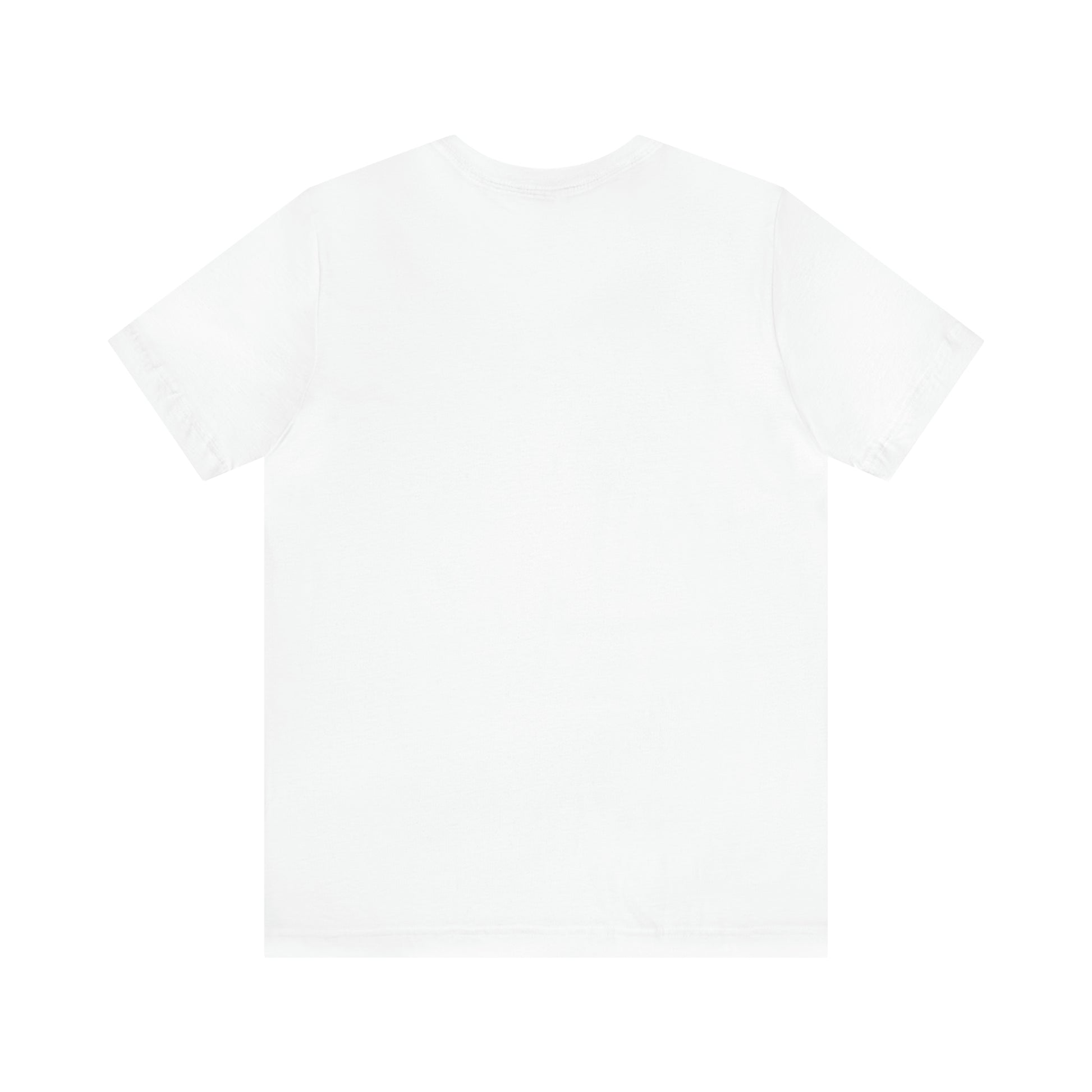 The Unisex Short Sleeve BridgeCom Tee - Alternate Logo, crafted from soft Airlume cotton, is shown laid flat with the back side facing up. The plain, white t-shirt features a simple and minimalist design without any visible logos, patterns, or graphics. The background is also white, blending slightly with the edges of the shirt.
