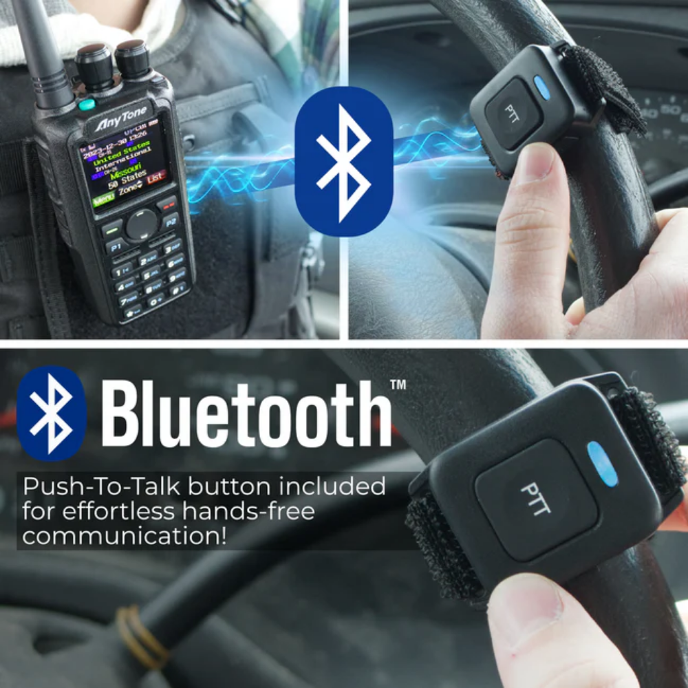 Close-up of AnyTone 878 radio with Bluetooth logo connecting to steering wheel push-to-talk button: "Bluetooth included for effortless hands-free communication! USB-C rechargeable battery ensures you're always ready. SkyBridge Max Webinar Plug-n-Play Package Offer.