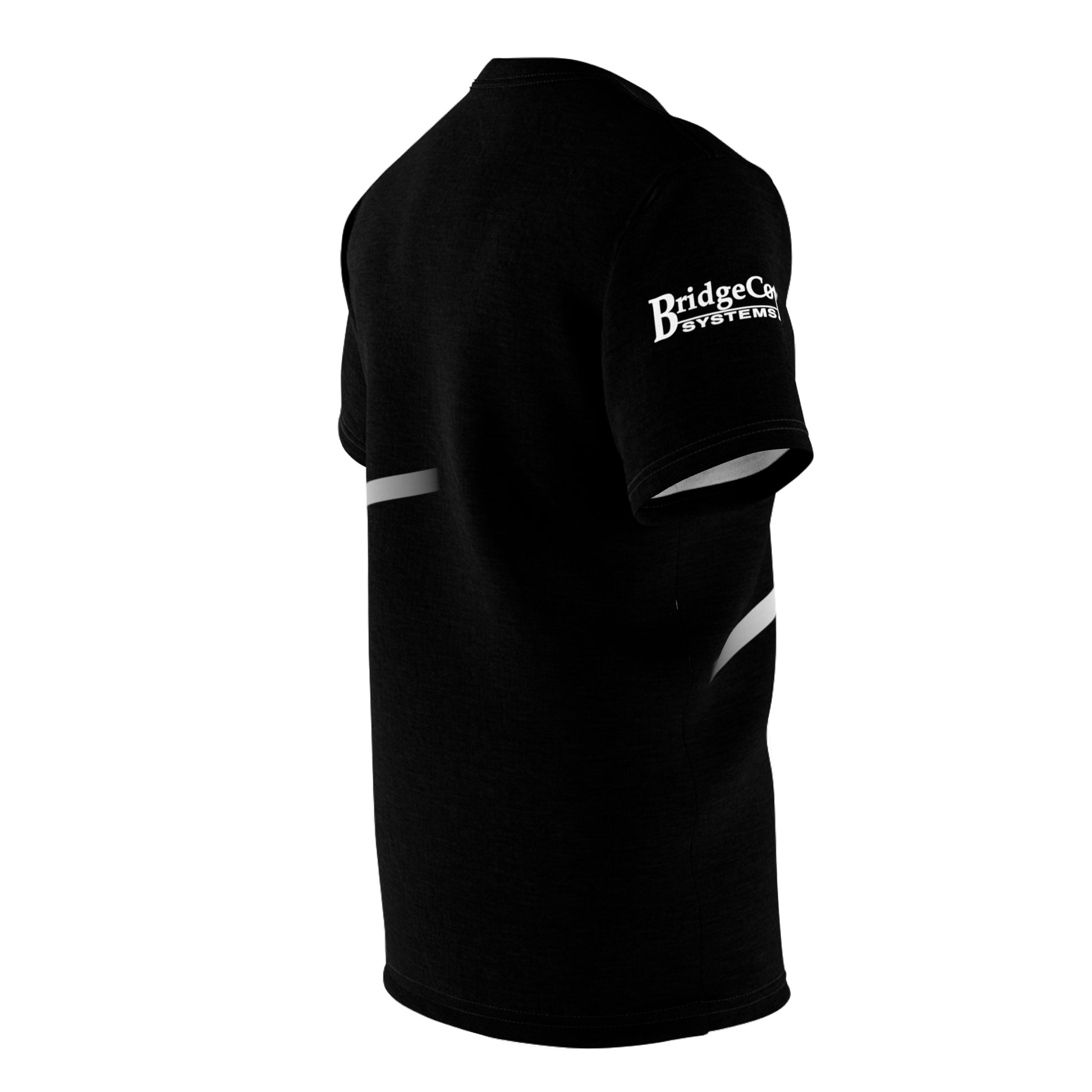 A black short-sleeved T-shirt is shown from the back, featuring "Bridge Core SYSTEMS" printed in white on the left sleeve. The comfortable, fitted fabric boasts subtle light gray accents. Perfect for amateur radio operators, this BridgeCom Unisex Tee - Alternate Logo combines style and function.