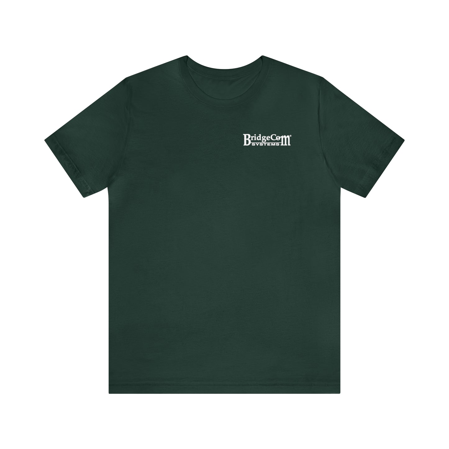 A dark green Short Sleeve Tee crafted from soft Airlume combed cotton. The front of the tee features a small white BridgeCom Systems logo on the upper left chest area that reads "BridgeCom BruFest III." The rest of the shirt is plain.