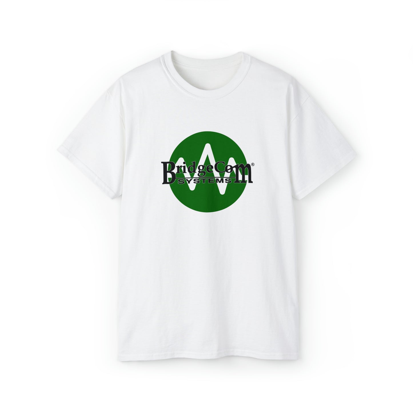 A Unisex Ultra Cotton Tee in white, featuring a large green circular logo in the center. The logo includes a stylized green "A" and the text "BridgeCom Systems" in black, partially overlaying the green circle. Ideal for amateur radio enthusiasts, this T-shirt is shown against a plain white background.