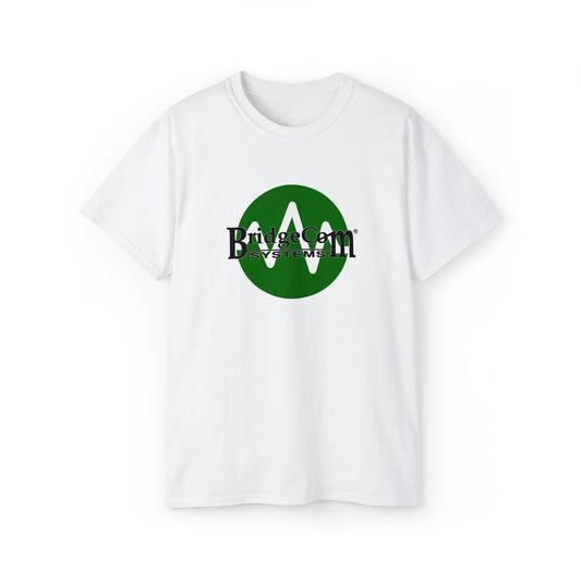 A Unisex Ultra Cotton Tee in white, featuring a large green circular logo in the center. The logo includes a stylized green "A" and the text "BridgeCom Systems" in black, partially overlaying the green circle. Ideal for amateur radio enthusiasts, this T-shirt is shown against a plain white background.