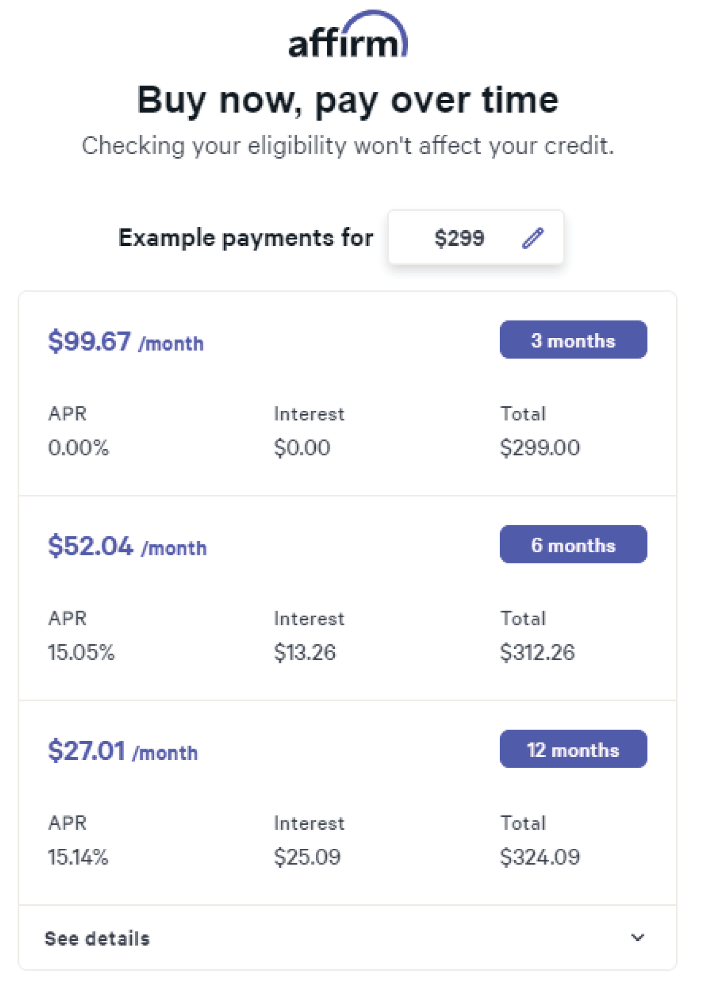 Affirm pay over time cost break down sheet