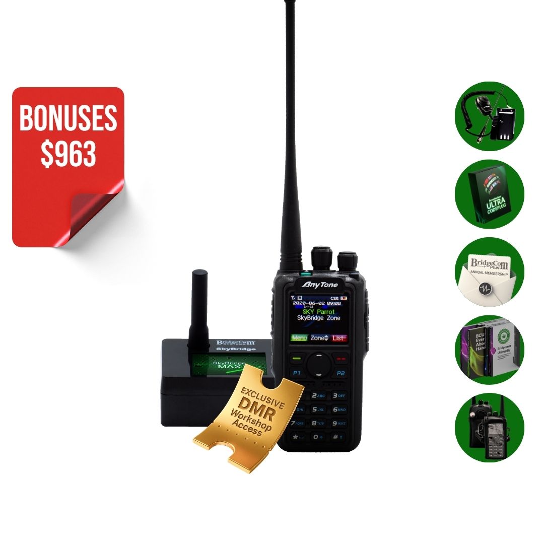 The AnyTone AT-D878UVII Plus Plug and Play Package is displayed with antenna, charger, batteries, pre-programmed DMR radio, exclusive DMR workshop access, club membership, and guides. A red label highlights "$963 in Bonuses.