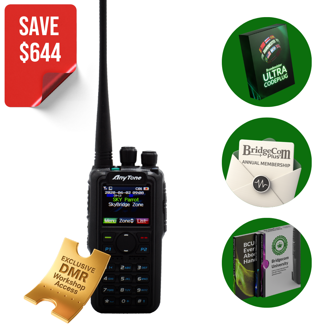 The AnyTone AT-D878UVII Plus Bundle is centered, with icons for Ultra Codeplug, Annual Membership, DMR Workshop Access, and BridgeCom University. A red "Save $644" label highlights this exclusive ham radio package deal.