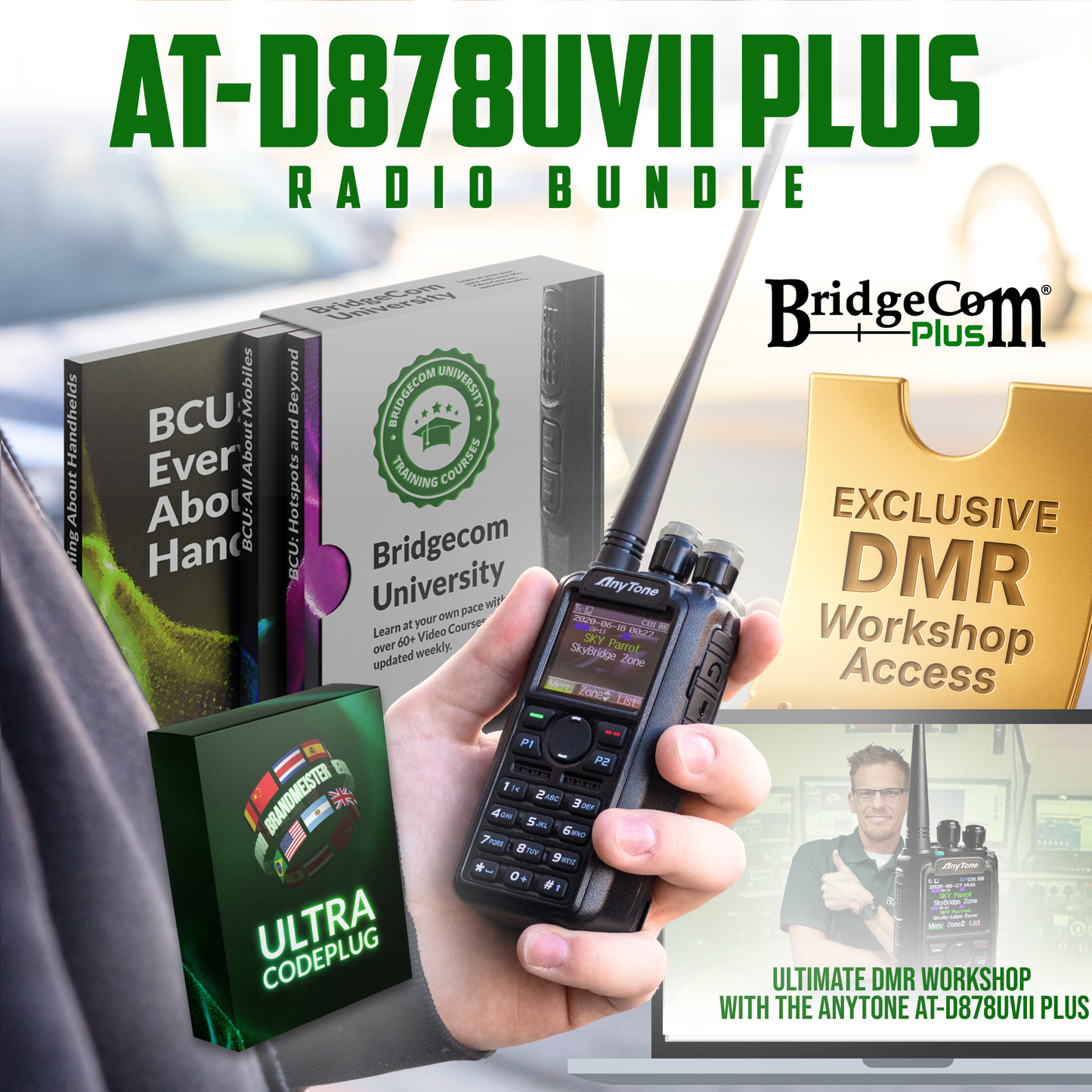 A promotional image for the AnyTone AT-D878UVII Plus Bundle showcases the handheld radio, BridgeCom Systems University guides, Ultra Codeplug card, and exclusive DMR workshop access graphics on a vibrant background.