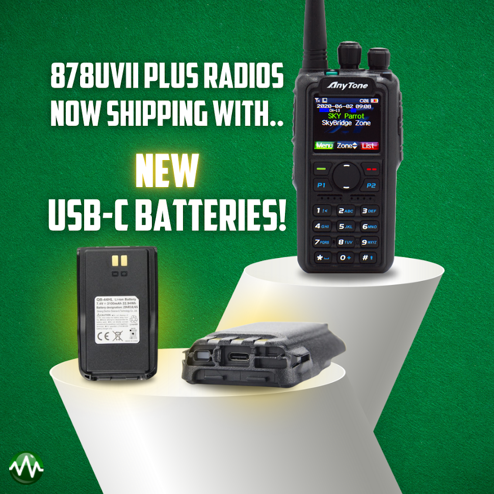 An AnyTone AT-D878UVII Plus with SkyBridge MAX Hotspot and two USB-C batteries are shown on a green background with the text: "AT-D878UVII Plus now ships with new USB-C batteries!”.