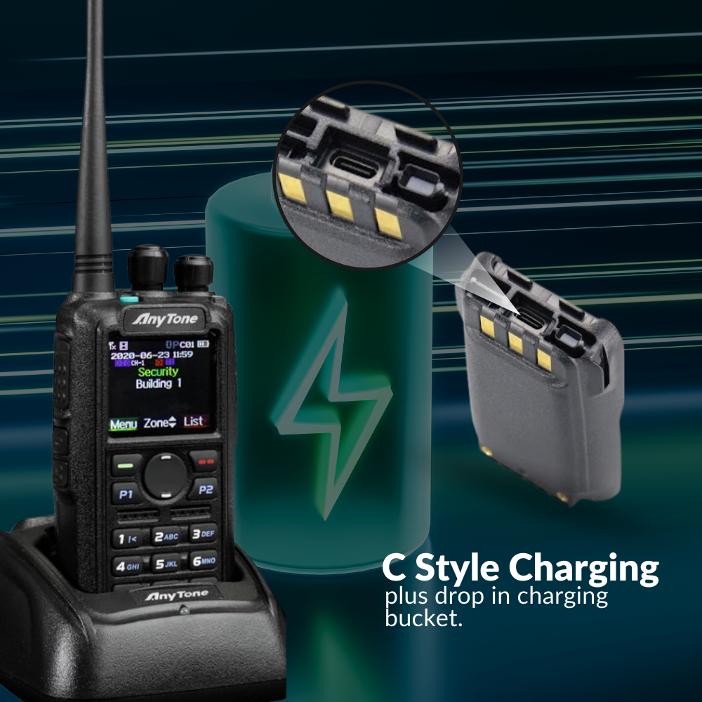 The Ultimate Hamshack Pack with $291 in Training Course FREE includes a two-way radio in its charging dock, contacts visible, with a glowing battery icon. Text reads: “C Style Charging plus drop in charging bucket.”.