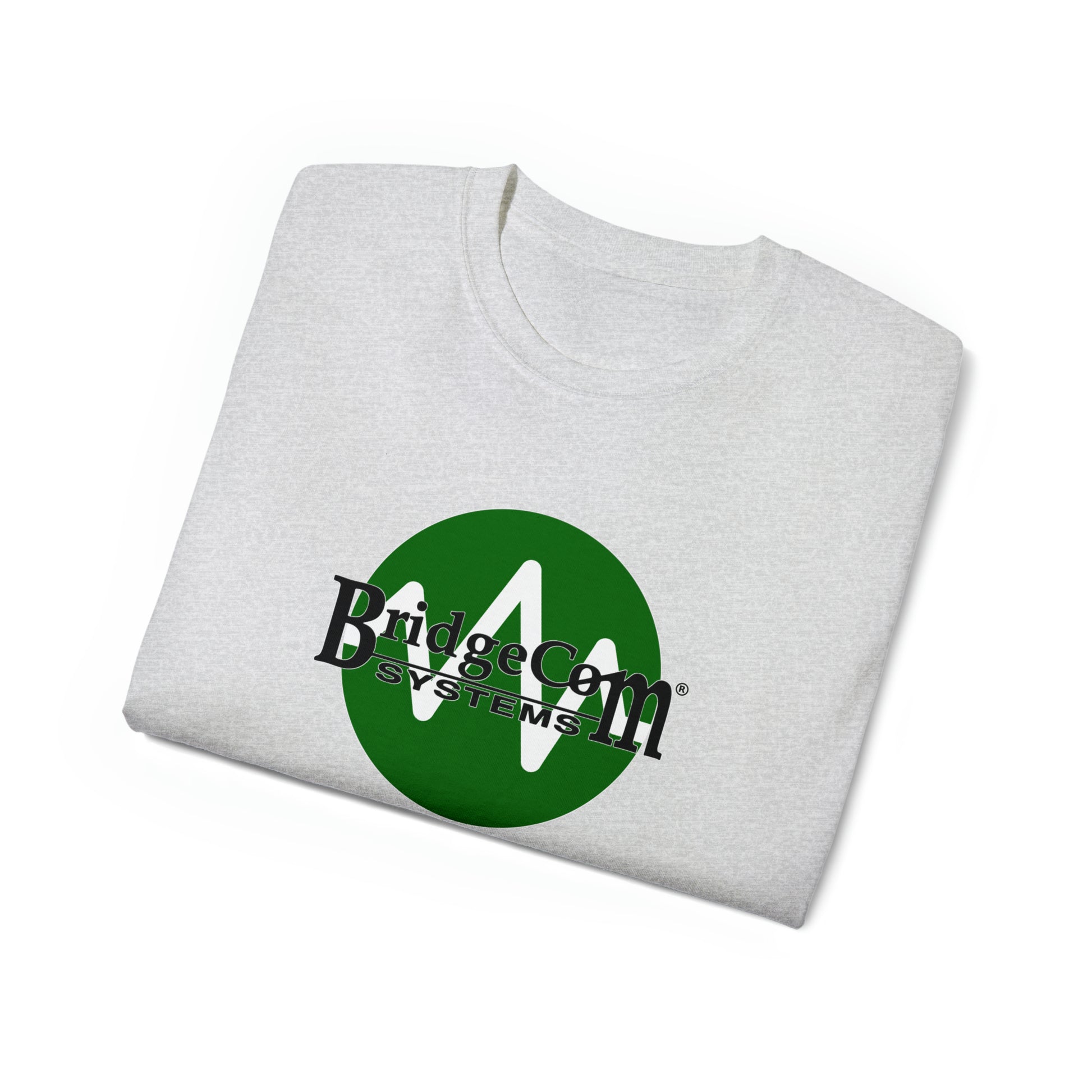A folded Unisex Ultra Cotton Tee in white, featuring a large green circular logo with the text "BridgeCom Systems" in black and white letters across the circle on the front, perfect for amateur radio enthusiasts.