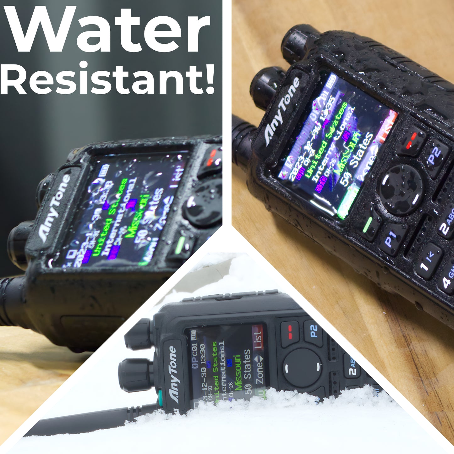 AnyTone 878 showing how it's water resistant