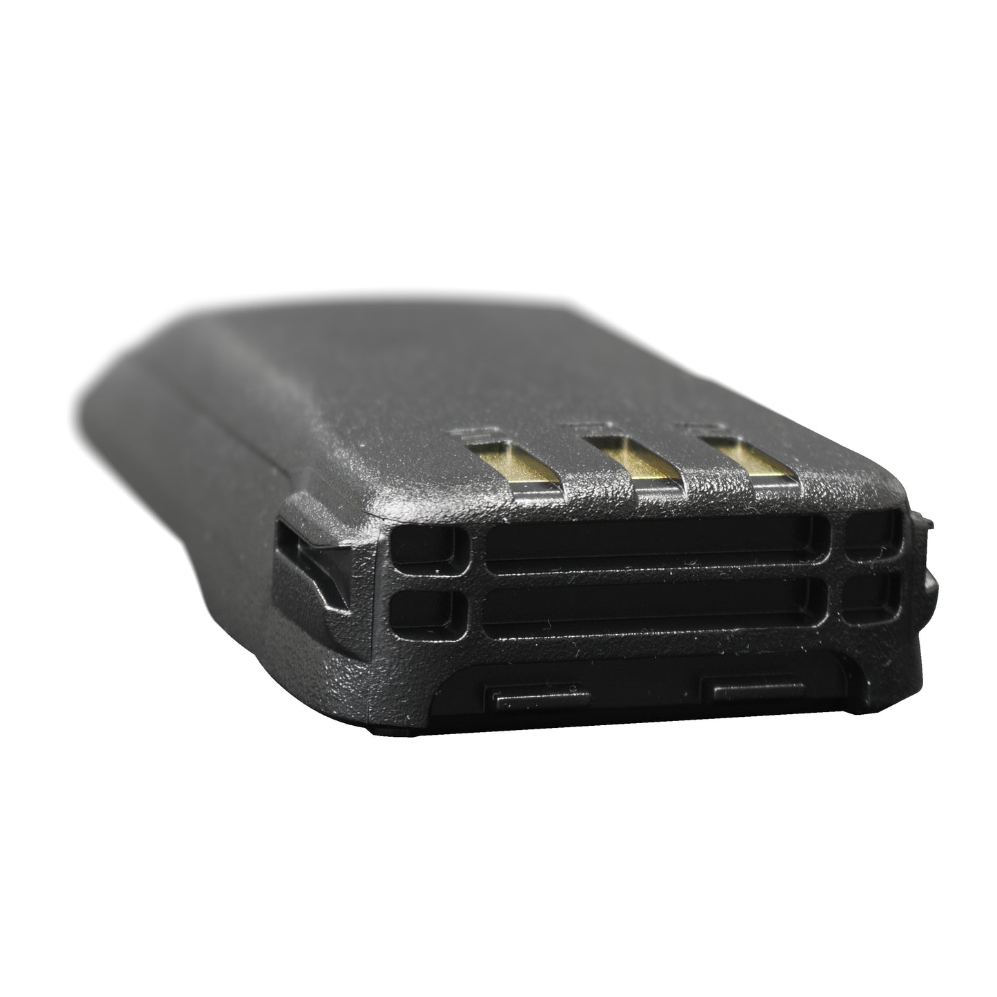 Close-up of an Anytone/Maverick B- Stock Retro Drop-In battery (3100mAh), featuring gold contact points and a black plastic casing, photographed on a white background.