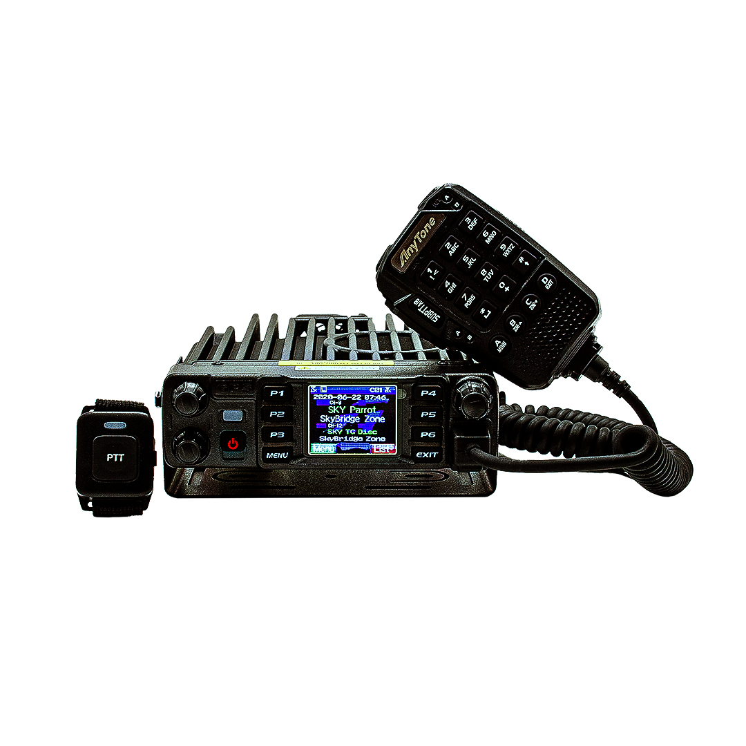 The AnyTone 578UVIII PLUS is a black Tri-Band Mobile Radio with a digital display, DMR and analog capability, and includes buttons P1 to P6. It features a handheld microphone with coiled cord and PTT button, plus a $97 Training Course free!.