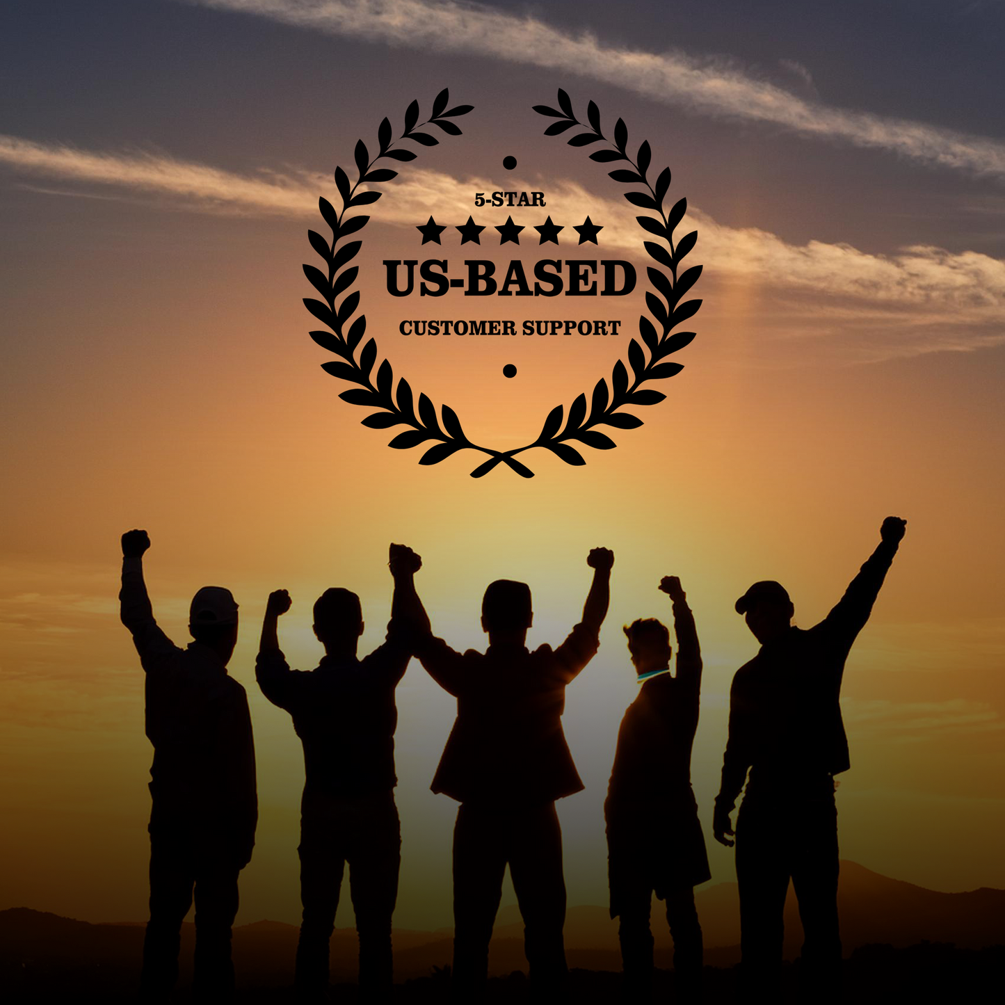 Silhouetted group of five people raising their fists at sunset, laurel wreath above reads "5-Star US-Based Customer Support"—perfect for Anytone AT-D168UV users and DMR, analog, or ham radio communities.