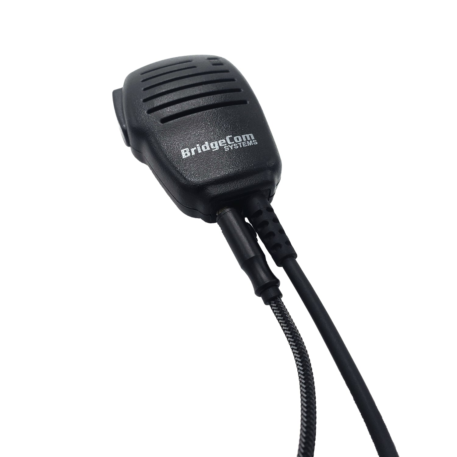 A close-up of the BridgeCom BCS-200 Water Resistant Speaker Mic shows a coiled cable attached. This two-way radio accessory includes a speaker grille, wind porting feature, and a small, visible logo.