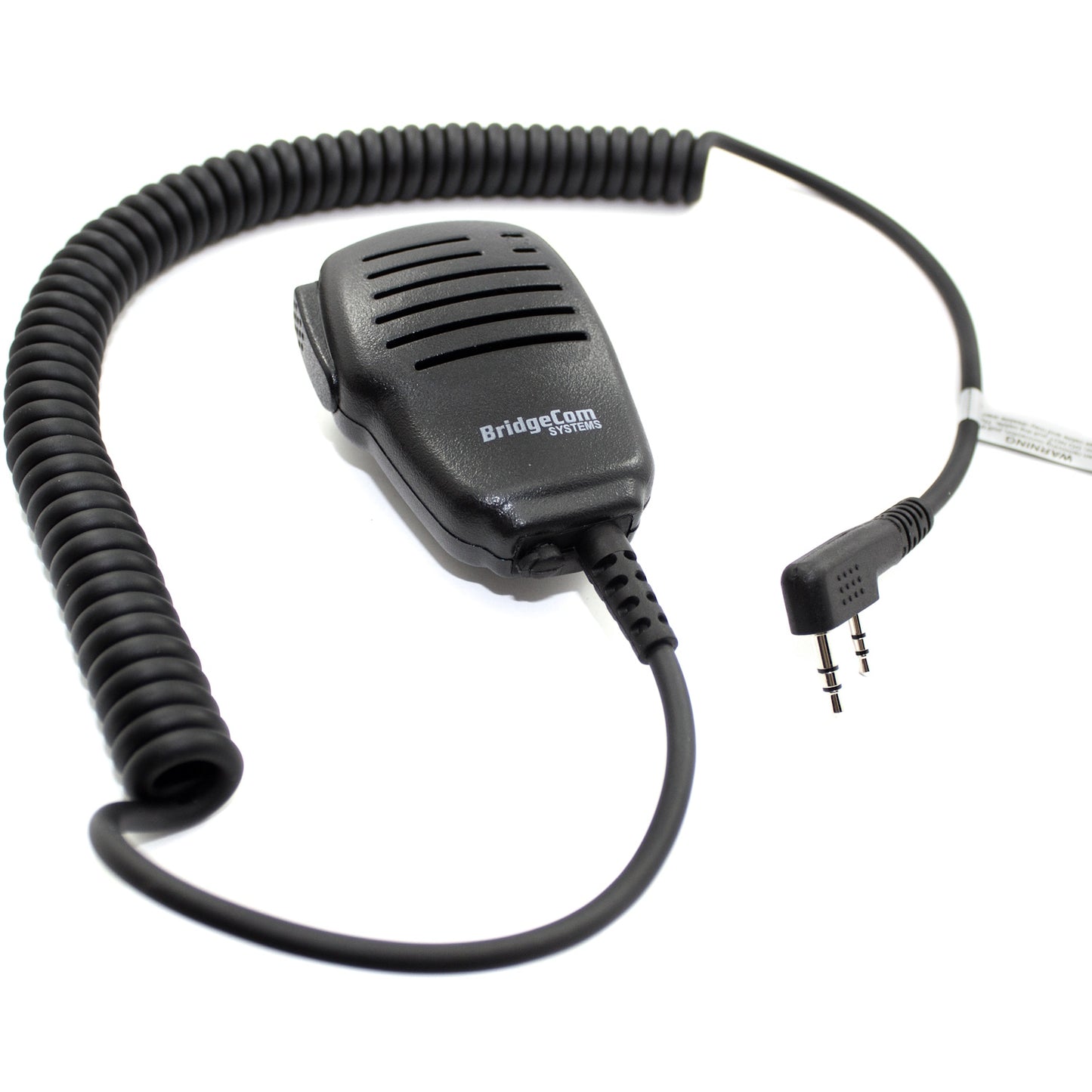 Image of a black, handheld BridgeCom BCS-200 Water Resistant Speaker Mic with a coiled cord. The front of the microphone features the BridgeCom Systems logo. The cord terminates in a Kenwood Style plug.