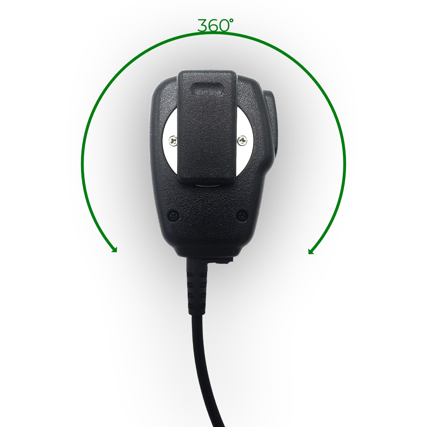 Image of the BridgeCom BCS-200 Water Resistant Speaker Mic, which is black with a cord attached at the bottom. A green 360-degree arrow surrounds the microphone, showcasing the rotational capability of its clip. This two-way radio accessory also features wind porting for clear communication. The background is white.