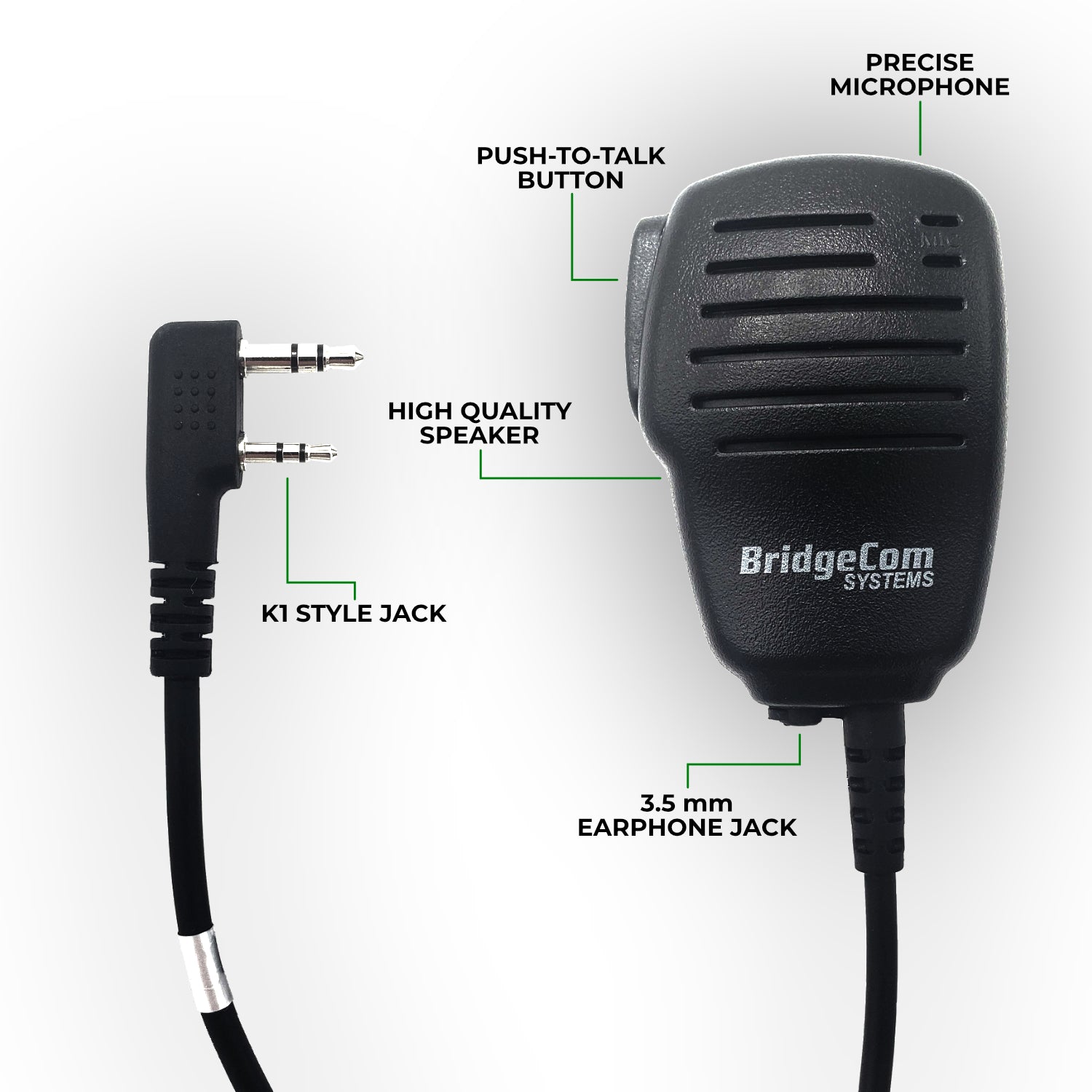 A black BridgeCom BCS-200 Water Resistant Speaker Mic featuring a precise microphone, high-quality speaker, push-to-talk button, Kenwood Style plug, and 3.5mm earphone jack. The microphone also includes labeled components, an attached cord with a dual plug connector, and a wind porting feature.