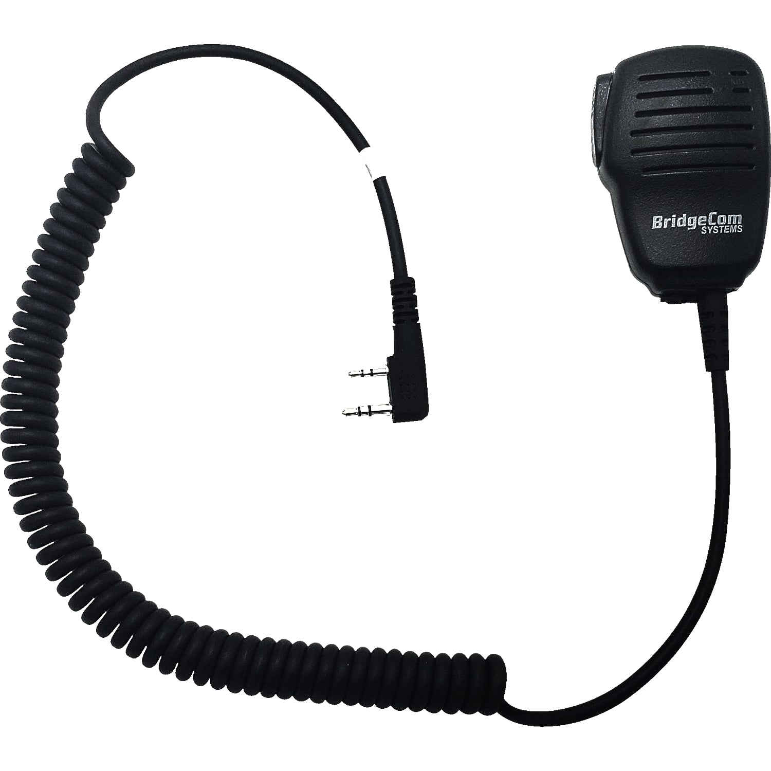 The BridgeCom BCS-200 Water Resistant Speaker Mic is a black coiled radio microphone with dual 3.5mm and 2.5mm plug connectors, featuring a side push-to-talk button and wind porting for clear communication.