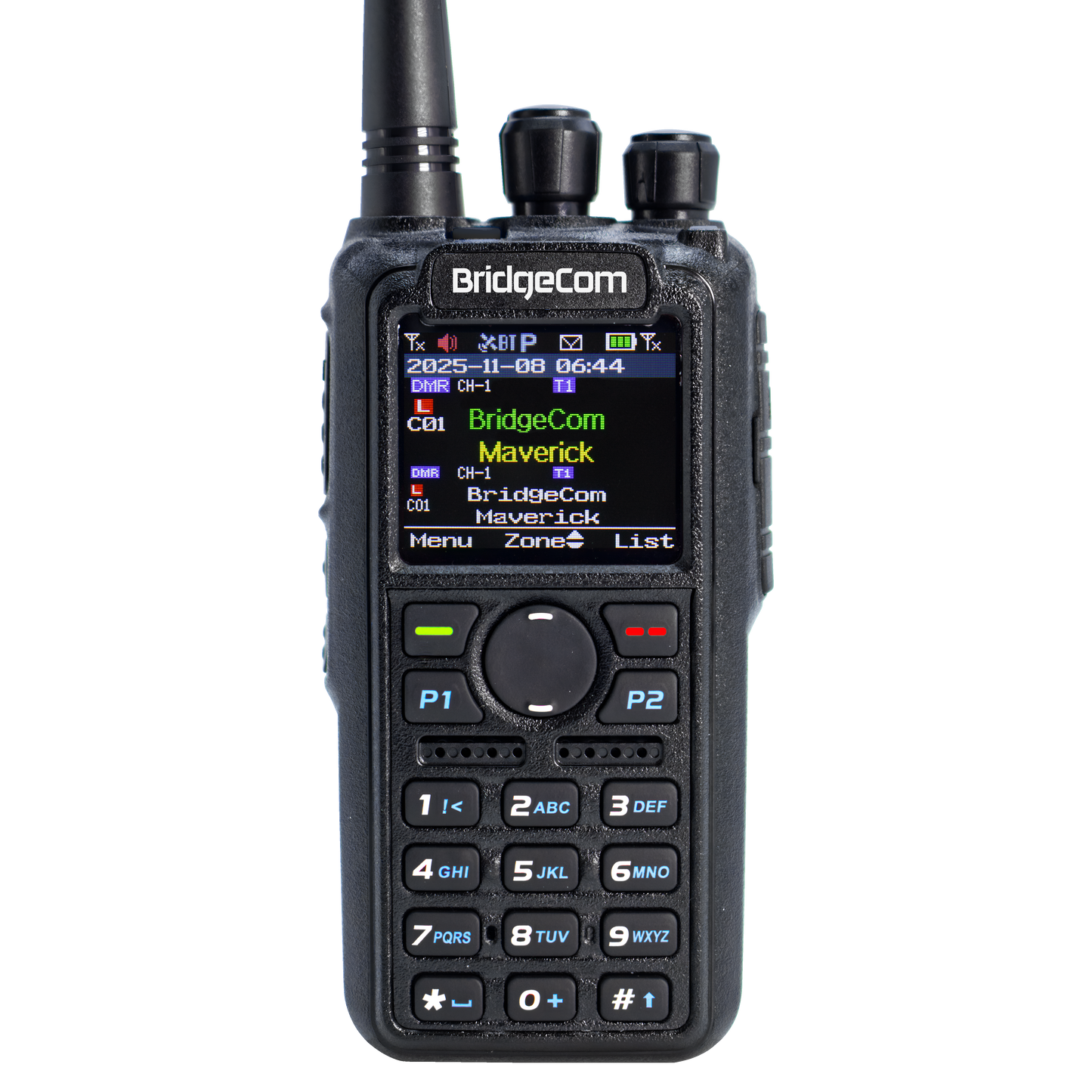 A black BridgeCom Maverick Dual Band DMR/Analog Radio with a display screen showing "BridgeCom" and frequency info, numeric and function buttons, plus two top knobs.