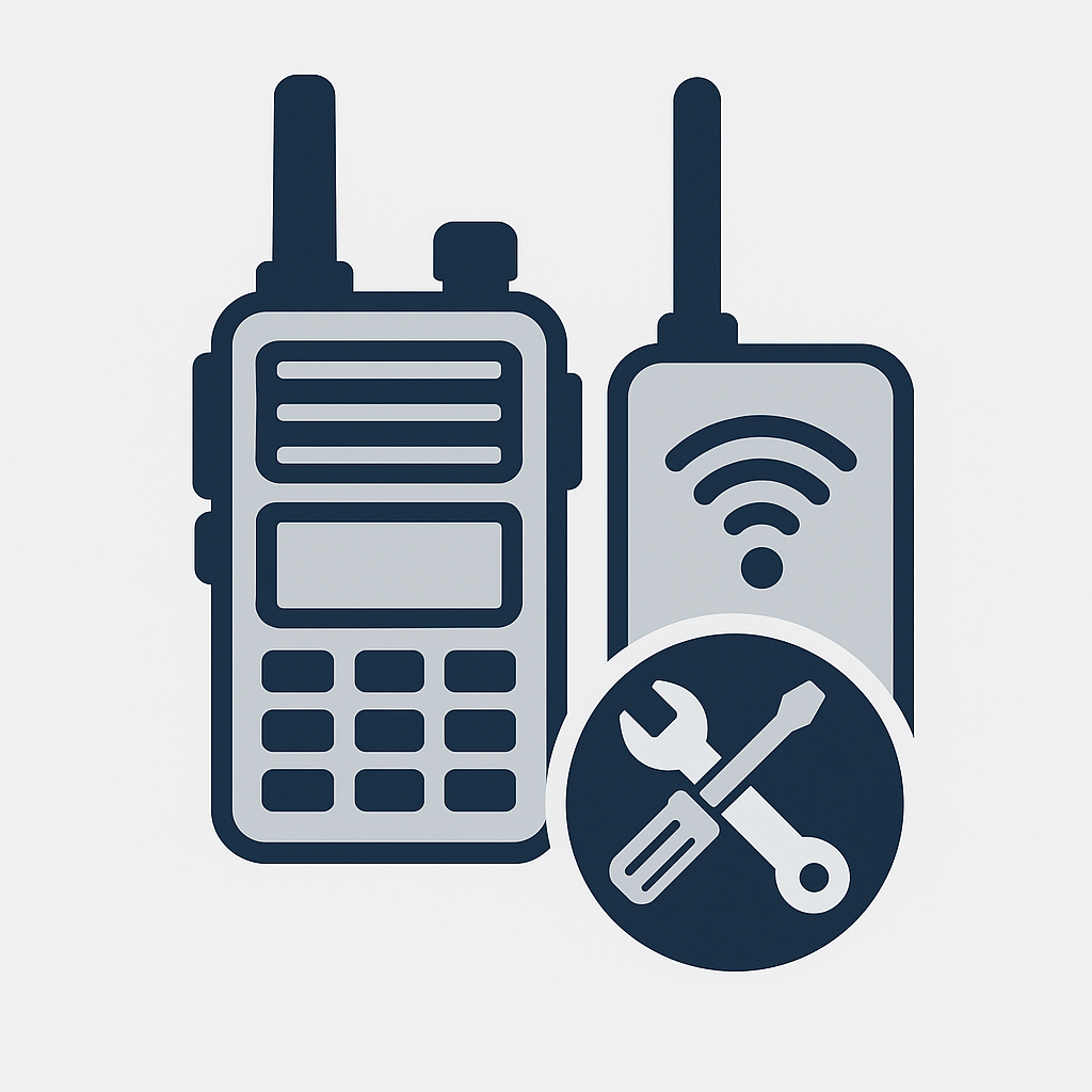 Icon of two-way radios and a Wi-Fi device with tools, representing technical support or repair for the DMR Ham Radio - Plug and Play Rescue Service - BETA.