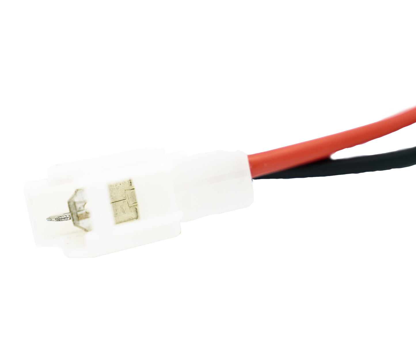 Close-up image of a white plastic electronic connector with one red and one black wire attached. The connector features metal contacts inside and is designed for electrical connections, often used in the AT-D578UVIII Plus Commercial Mobile Radio (GPS+BT) for seamless device communication.