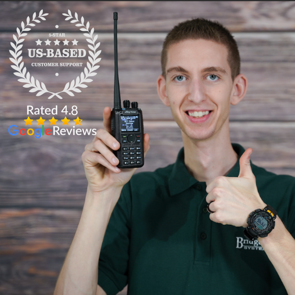 A smiling man in a green shirt holds the Ultimate Hamshack Pack with DMR, gives a thumbs-up, and wears a “US-based customer support, 5-star” badge. Below, text reads “Rated 4.8 on Google Reviews” with a five-star graphic. Free $291 Training Course!.