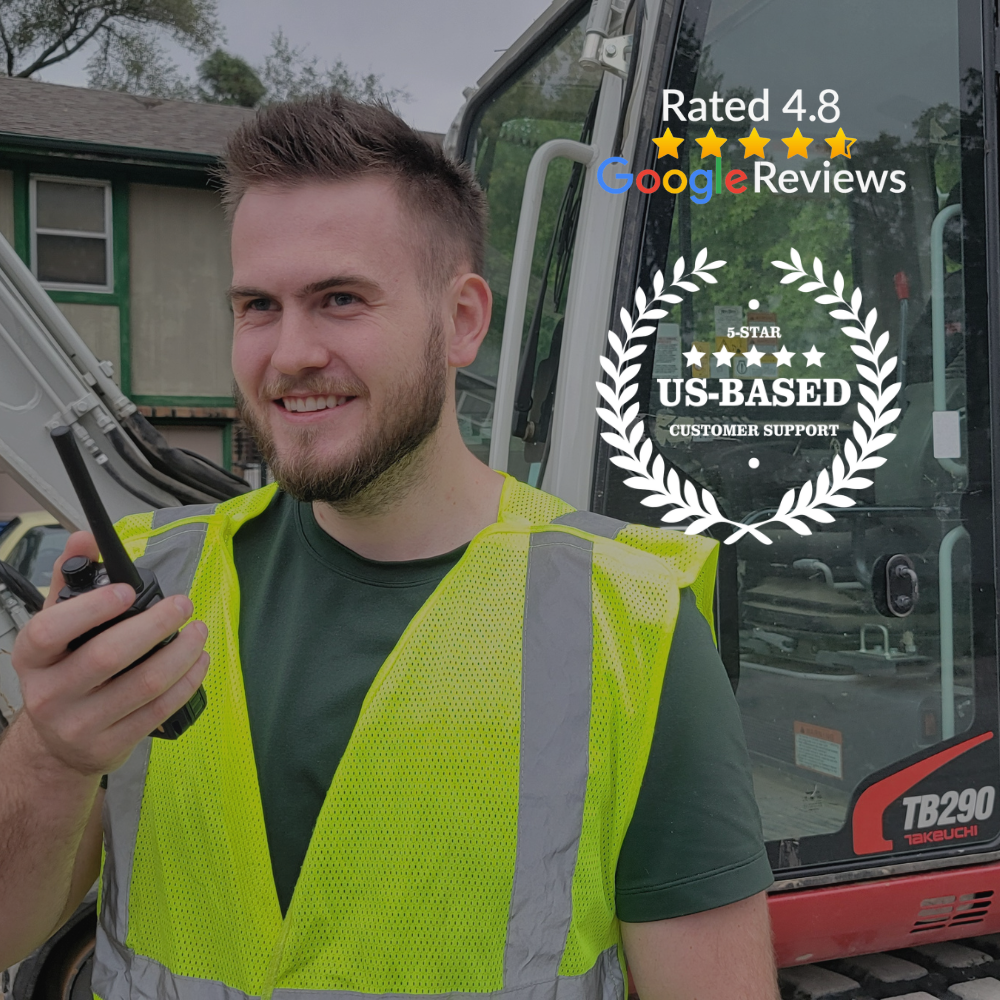 A smiling man in a yellow safety vest holds a BridgeCom MV-65 License FREE Business Radio near construction equipment, with badges displaying "Rated 4.8 Google Reviews" and "5-Star US-Based Customer Support.