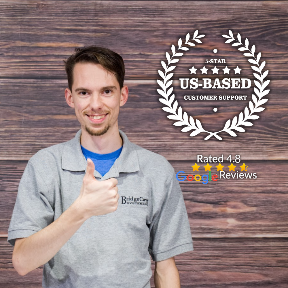 A smiling man in a gray BridgeCom Systems polo gives a thumbs up. Beside him: "5-Star US-Based Customer Support" and "Rated 4.8 Google Reviews." Explore our AnyTone 878UVII Plus and SkyBridge Max Webinar Plug and Play Package for seamless use.