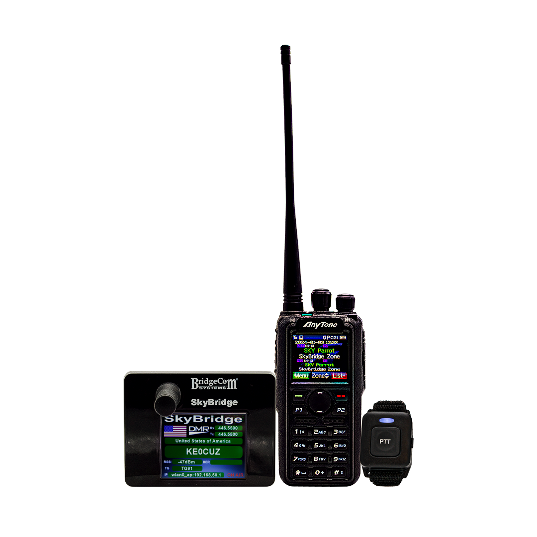 The AnyTone 878 - SkyBridge Max Webinar Plug-n-Play Package includes a dual-band digital hotspot with a network display and an AnyTone handheld radio, featuring a screen that shows zones and channels, along with a push-to-talk button device for seamless radio communication.