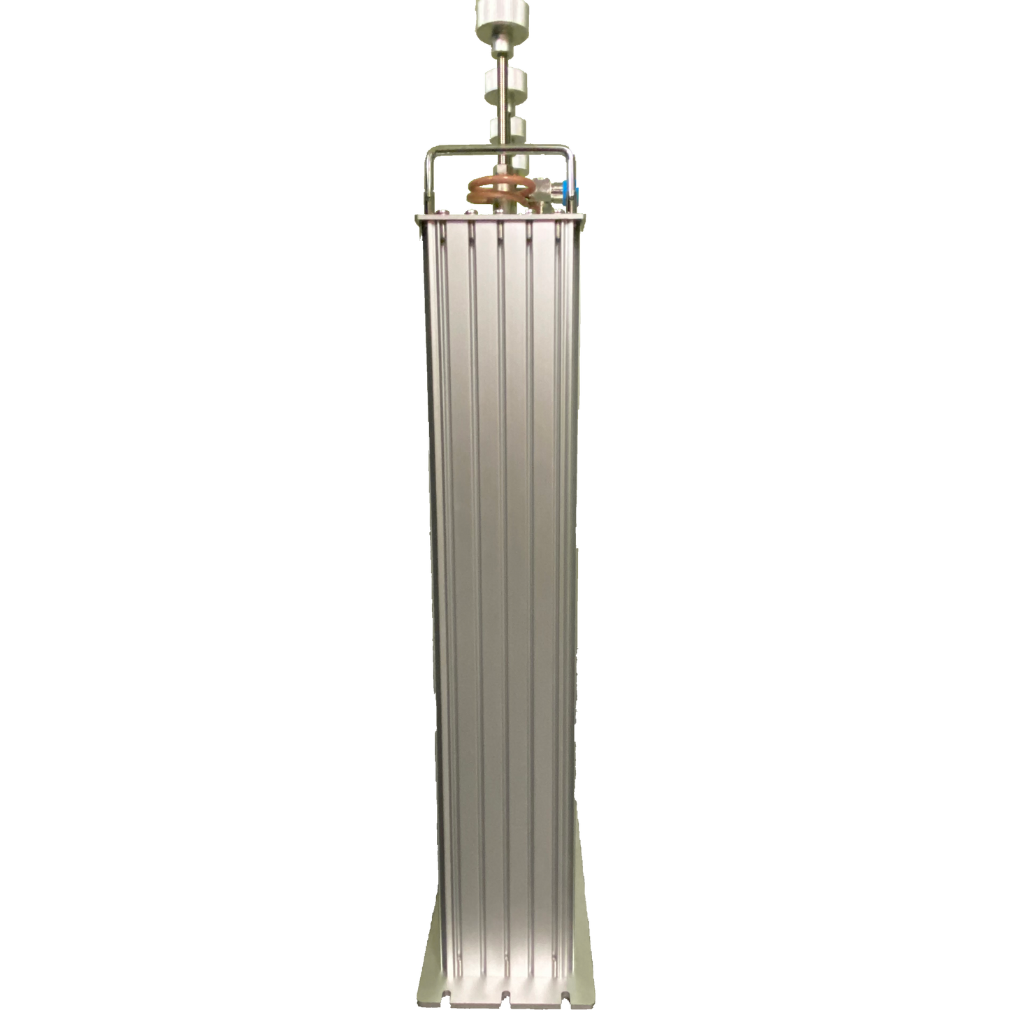 The BCD-144250 250W Amateur and Commercial Duplexer is a tall, rectangular silver industrial heater with vertical fins for heat dissipation, standing upright on a wide triangular base. It features a cylindrical component at the top secured by metal brackets, making it suitable for both amateur and commercial applications.