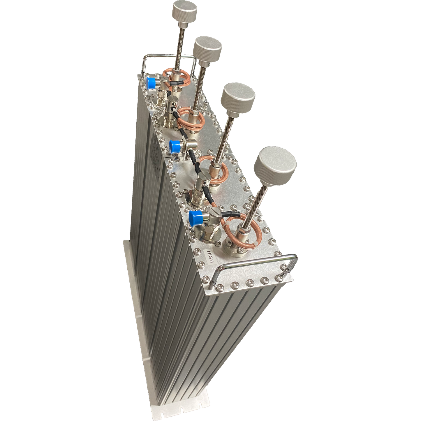 The BCD-144250 250W Amateur and Commercial Duplexer is a rectangular, metallic device featuring four cylindrical knobs on top, connected by coiled copper tubes. It operates within the 144-174 MHz range and has a ribbed exterior adorned with various bolts and valves, making it suitable for both amateur and commercial applications. The image background is transparent.