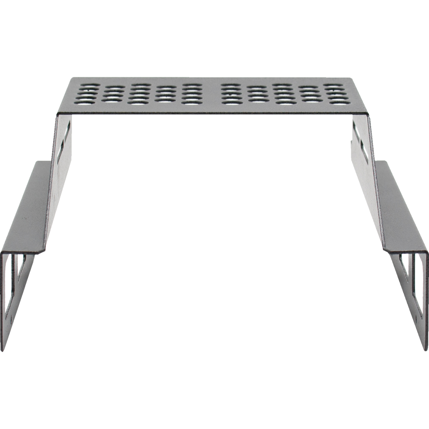 The LPH-KEN/S Hood is a metal bracket with a perforated top surface, featuring evenly spaced rectangular holes. It has two parallel side supports that extend downward and outward, providing stability and support for radio mounting, such as the AnyTone AT-D578UVIII PLUS Tri-Band Amateur DMR Mobile Radio.
