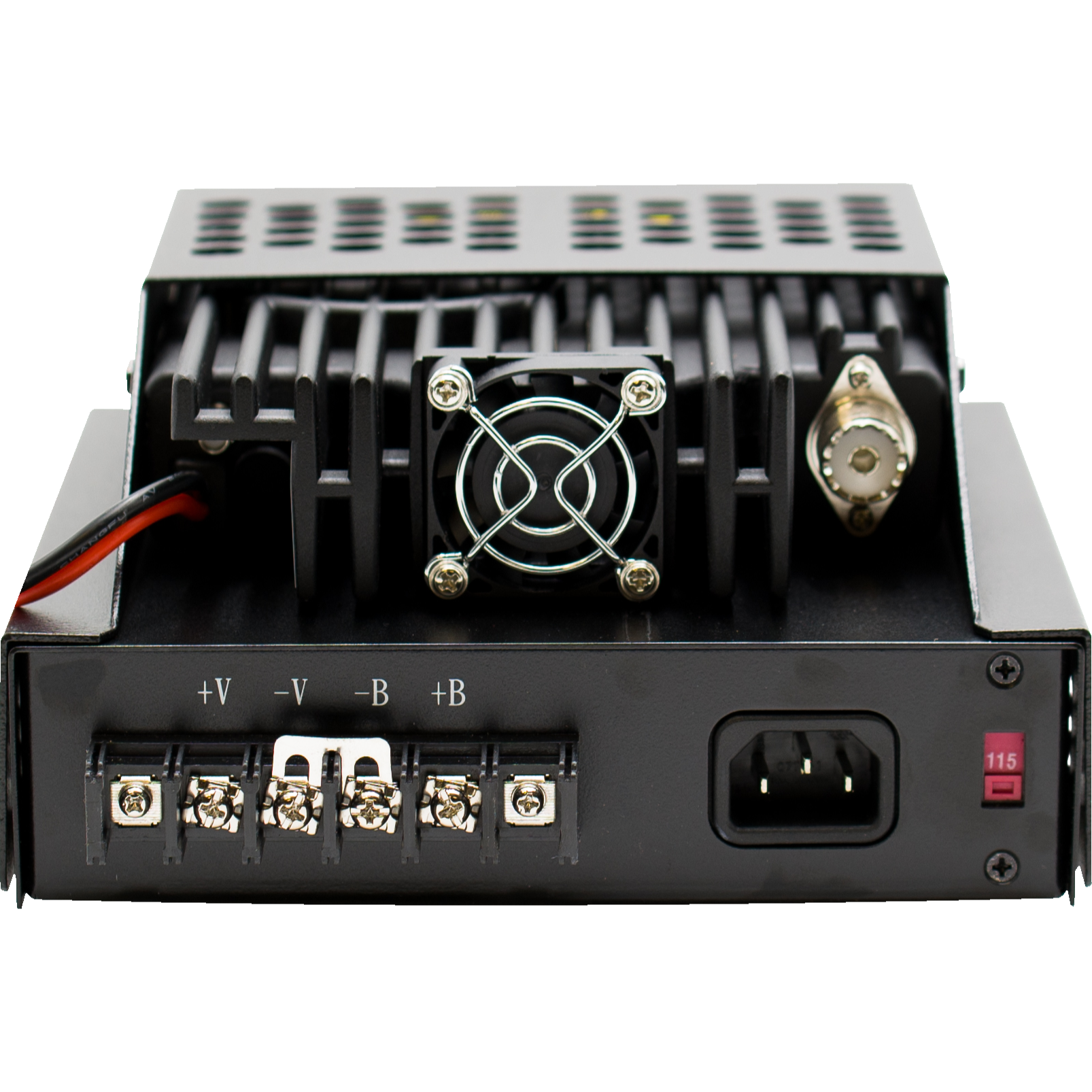 Image of a black metal electronic device with a small fan, various ports, and terminals. The terminals are labeled "+V," "-V," "+B," and "-B." There is also a power switch labeled "115" and a power connector on the right side, resembling components found in an LPH-KEN/S Hood Tri-Band Amateur DMR Mobile Radio.