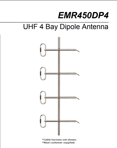 Diagram of an EMR 450 DP2 Dipole Antenna, a broadband UHF antenna for 360-520MHz, featuring four dipole elements mounted vertically on a single mast. Cable harness not shown; mast supplied by customer.