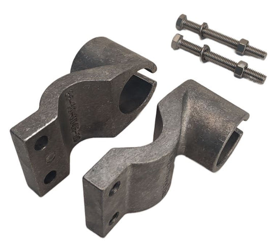 The Dipole Antenna Clamp Kit, shown on a white background, includes two metal bracket clamps with cylindrical openings and two sets of bolts and nuts—perfect for securing an EMR Dipole antenna or use as antenna accessories.