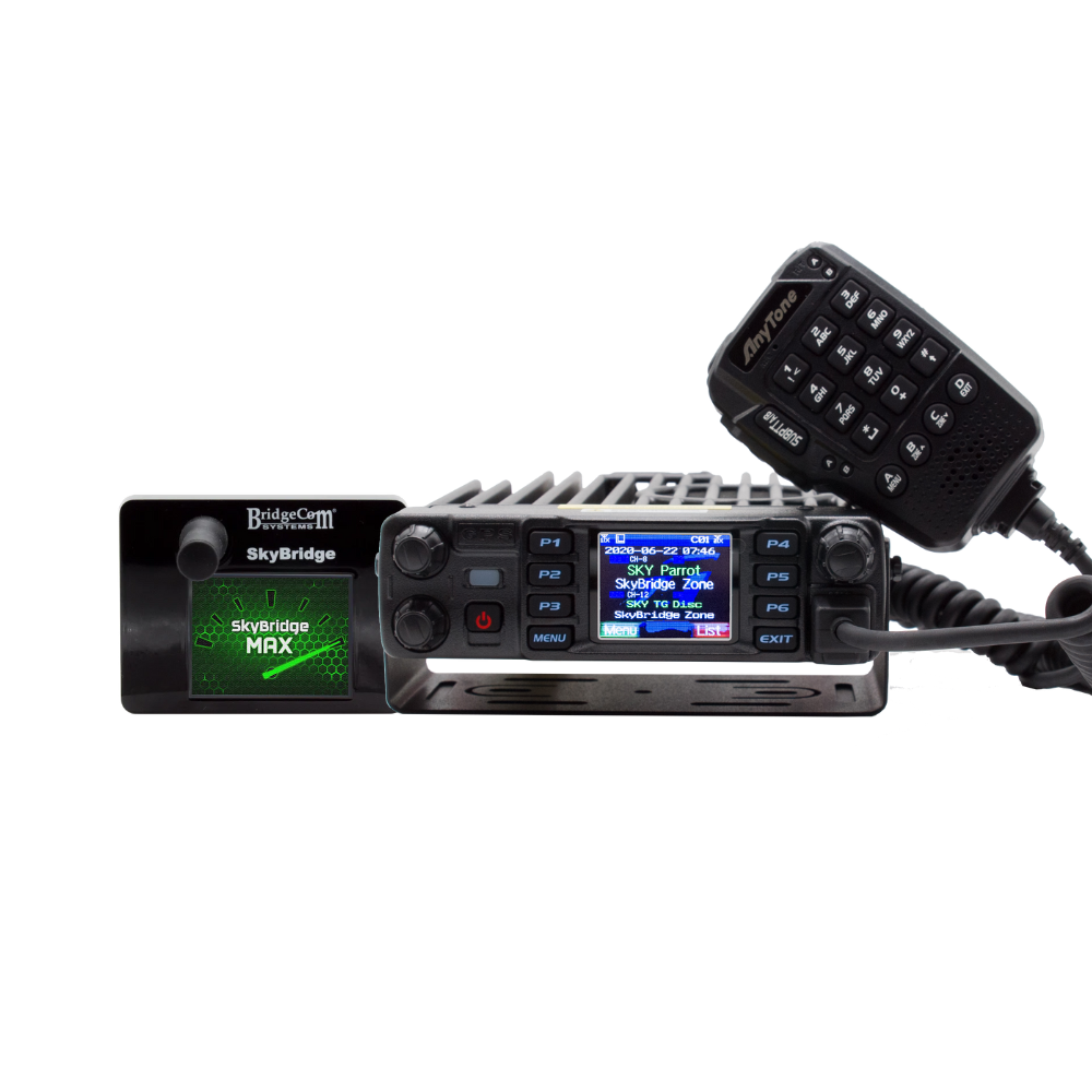 Experience the Mobile Plug and Play Package: AnyTone AT-D578UVIII PLUS Mobile Radio with color display, black handheld mic with keypad, and SkyBridge Max Dual-Band Digital Hotspot for a seamless digital ham radio setup.