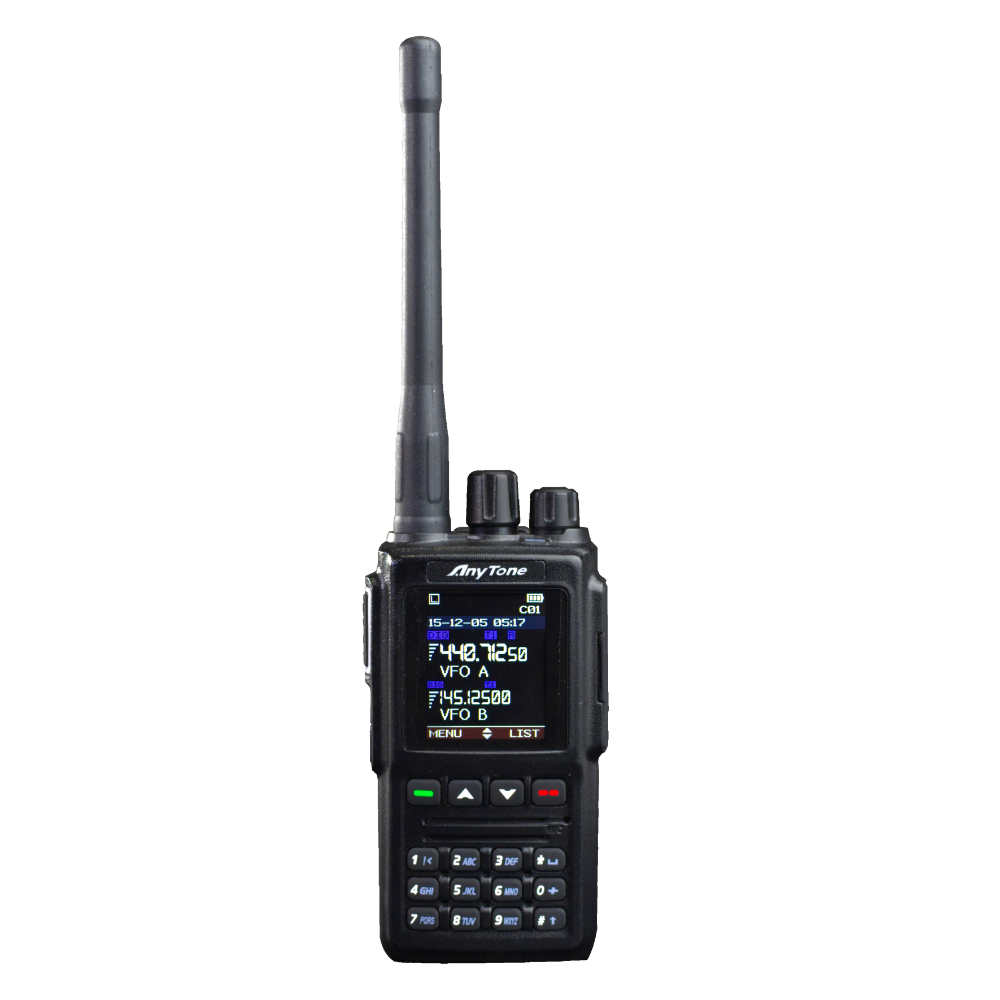 The Anytone AT-D168UV is a black handheld ham radio featuring a numeric keypad, a display screen for frequency settings, multiple buttons below the screen, and a long antenna on top.