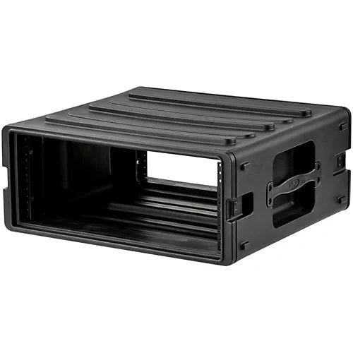 The 4U Rack Case is a black, rectangular rackmount case designed for housing electronic equipment. Its rugged exterior is crafted from durable polyethylene and features reinforced edges, handle cutouts on the sides, and an open front and back for easy access to the equipment.