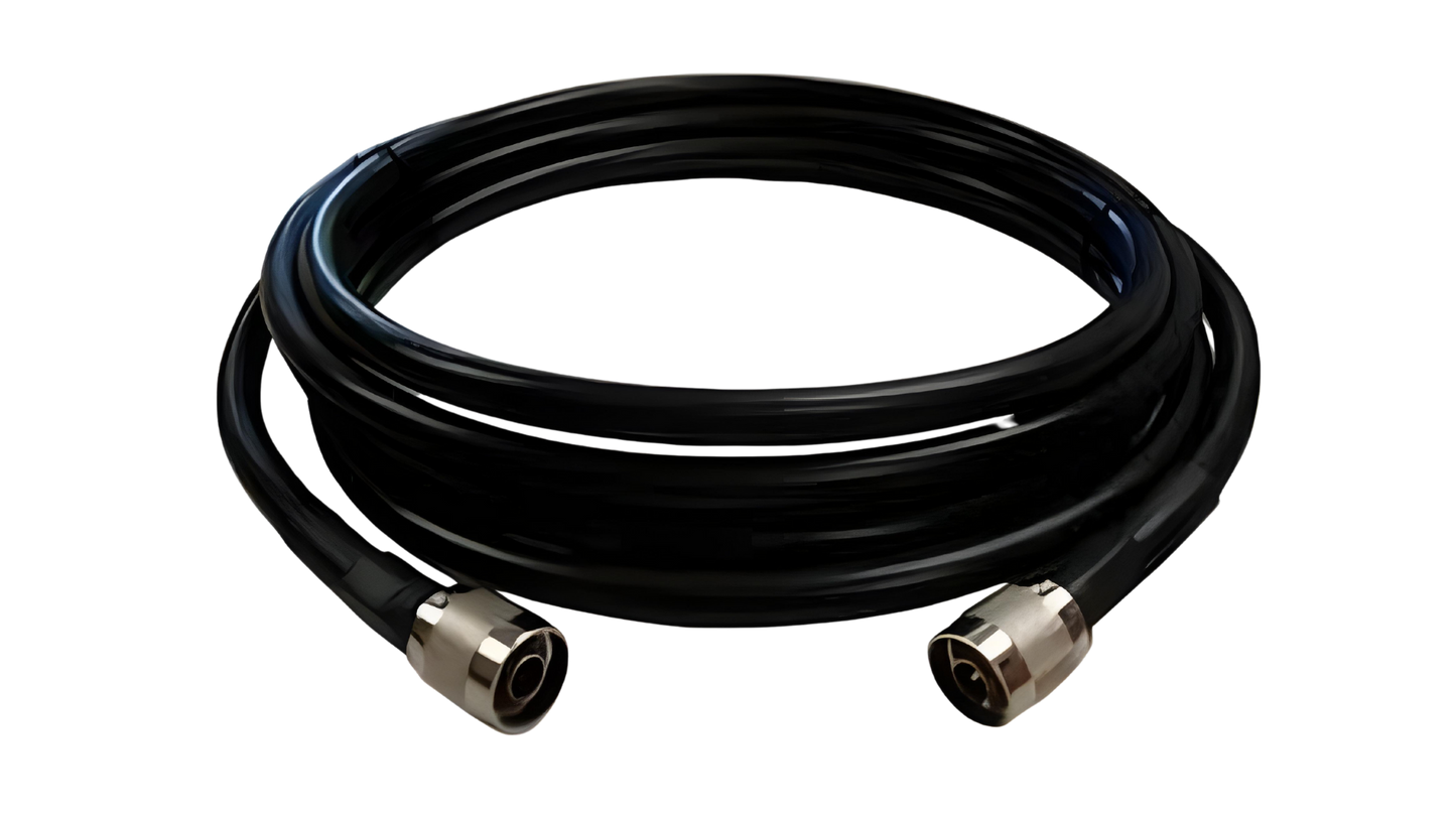 The 60' LMR 400 N to PL-259 cable, shown coiled with metal connectors on a white background, provides a low-loss RF solution and is an ideal RG-8 replacement.