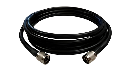 An LMR 400 Type Feed Line - N to N, featuring a coiled black low loss coaxial RF cable with metal connectors at both ends, isolated on a white background.