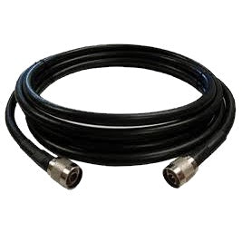 The 75' LMR 400 Type Feed Line - N to N is a black coiled coaxial cable featuring metal connectors on both ends, providing superior RF shielding and low loss.