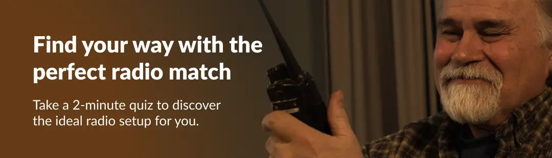 Man holding a radio with promotional text about finding the perfect radio match.
