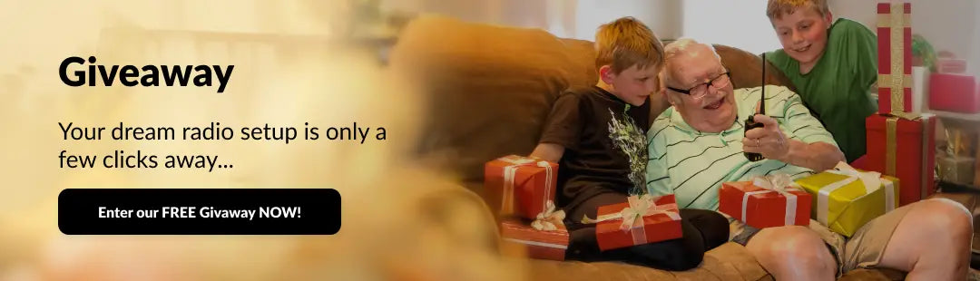 Two older men and a child sitting on a couch with gift boxes, promotional text for a radio setup giveaway.